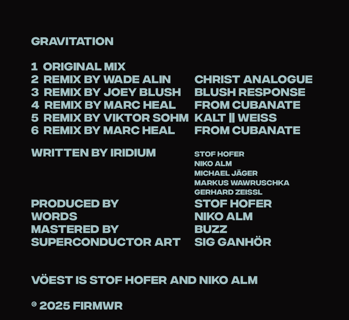 VÖEST – ›Gravitation‹ Credits‑Poster: Beteiligte, Remixer, Produktion, Mastering, Artwork, © 2025 FIRMWR.